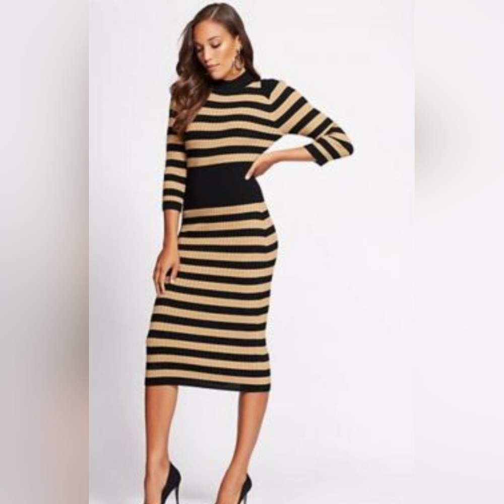 Black and Tan Bodycon Dress with 3/4 Sleeves
